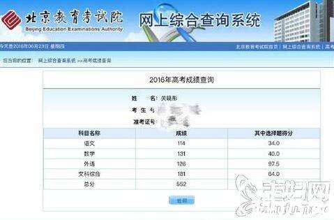 关晓彤高考成绩总分552  网友赞到靠脸也靠才华